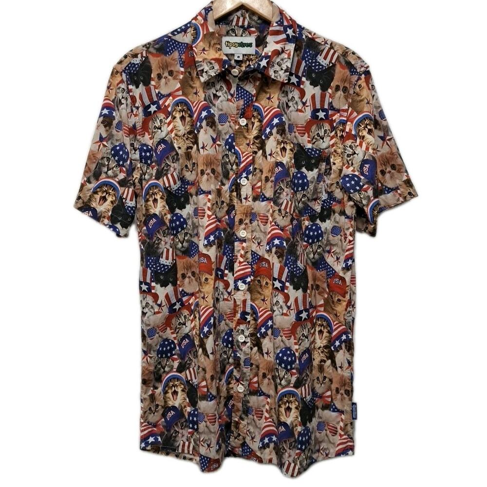 Tipsy Elves Shirt Mens Large L USA Cats Patriotic Short Sleeve Button Up Party